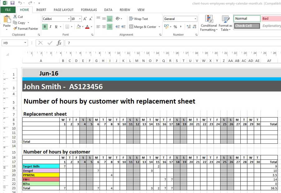 Calendrio mensal de horas em Excel