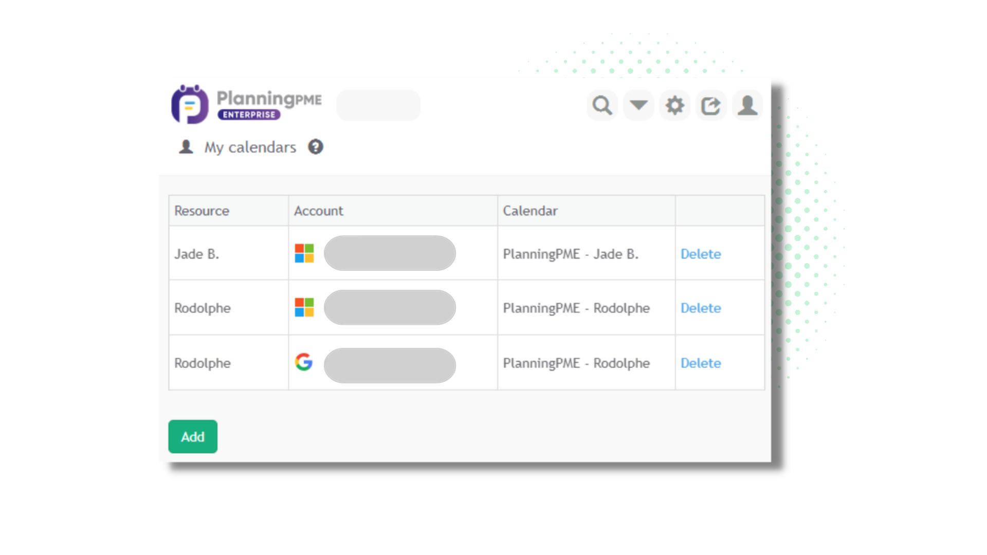 Lista de calendrios sincronizados no PlanningPME